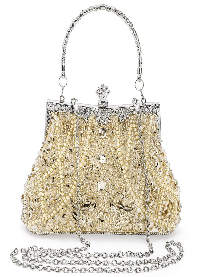 WRINGKIT 1920s Vintage Evening Bag, Champagne Beaded Clutch Purse for Woman, Elegant Rhinestone Clutch Crossbody Bag with Sequin Pearl, Evening Handbag Shoulder for Formal Bridal Wedding Party Prom - Image 1